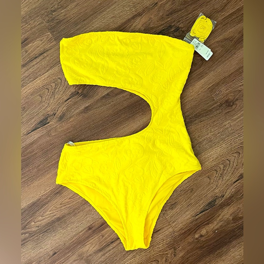 Aerie Yellow jacquard one piece swimsuit cutout size large new